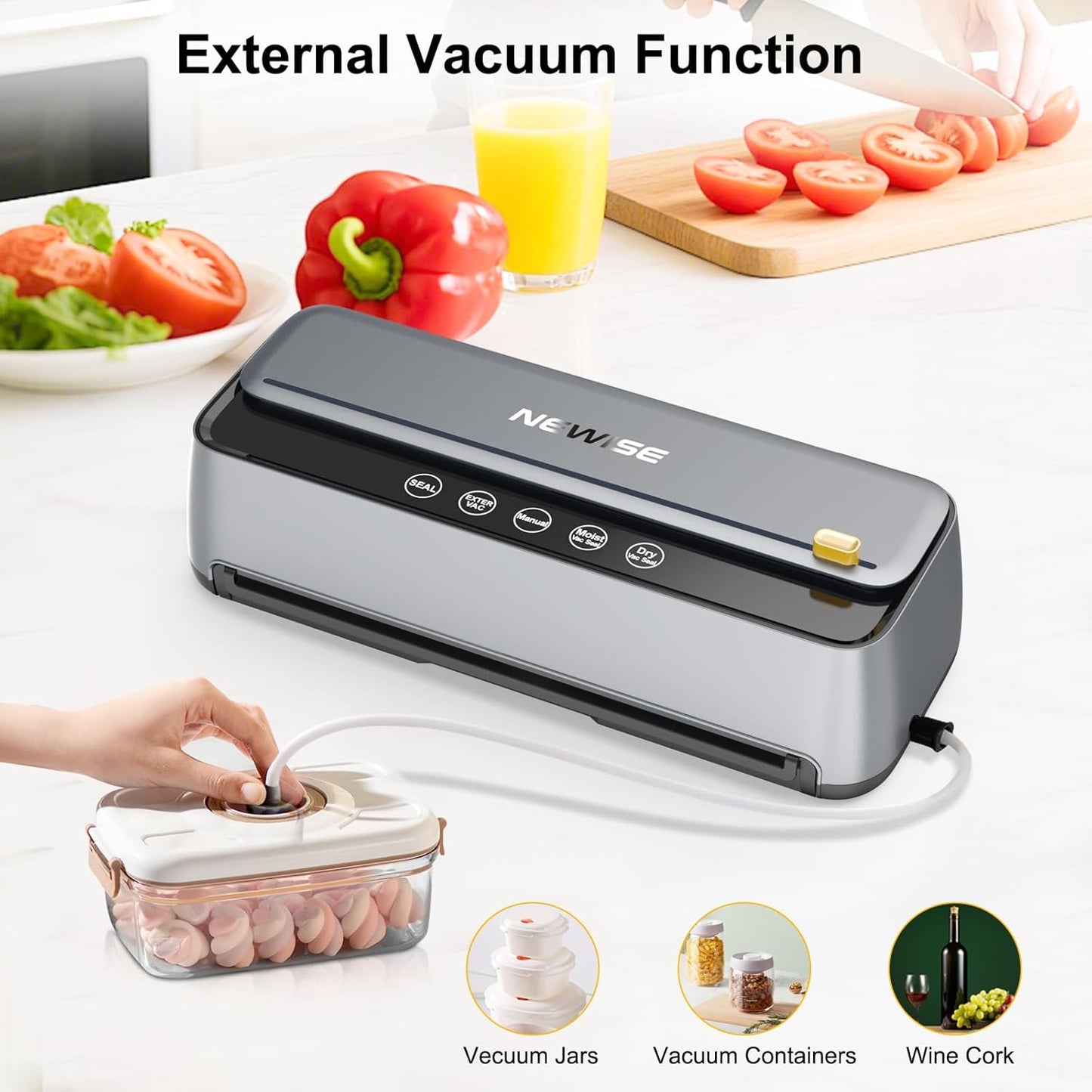 Newise Vacuum Sealer Machine - 85Kpa Powerful Food Preservation for Dry & Moist Items | Built-in Cutter & Self-Cleaning Mode