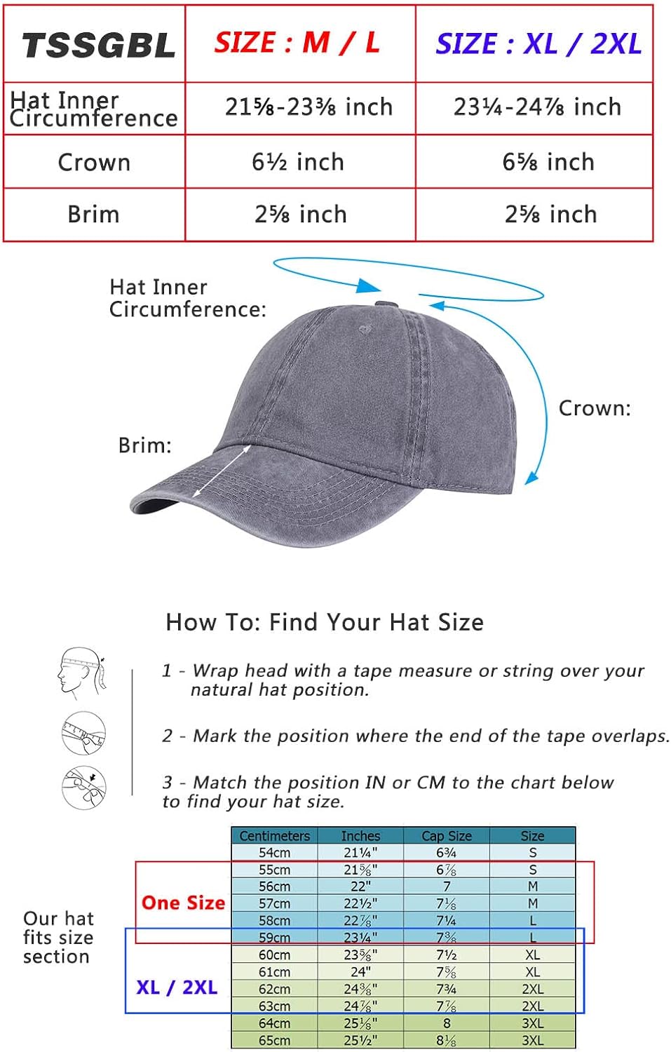 TSSGBL Vintage Cotton Baseball Cap - Unstructured Adjustable Distressed Dad Hat for Men & Women | Small - XXL