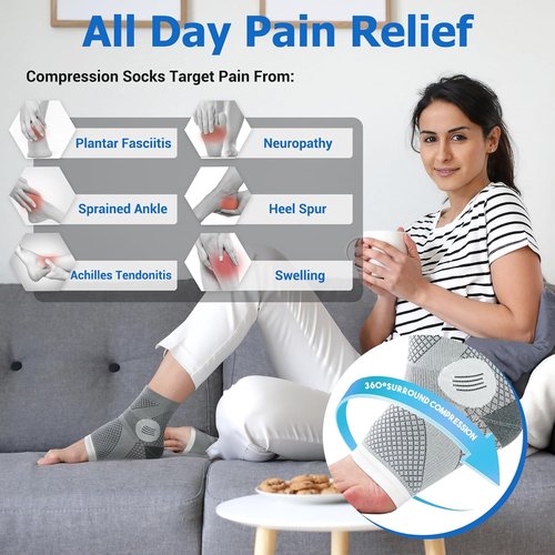 6Pairs Neuropathy Socks - Toeless Compression Socks for Women & Men, Plantar Fasciitis & Achilles Tendonitis Relief, Arch Support (Large)