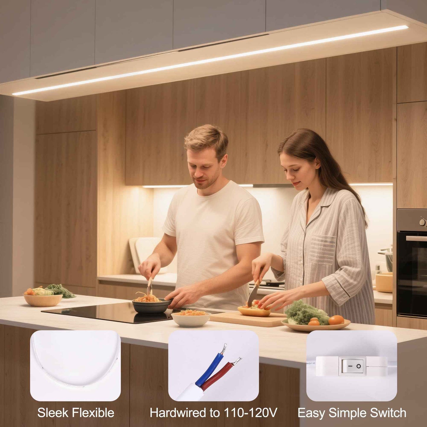 72inch Hardwired Under Cabinet Lighting for Kitchen, 6000K White Wired Undercounter Waterproof Led Strip Lights, Luces para Cocina Bajo Gabinete Under Shelf Lights