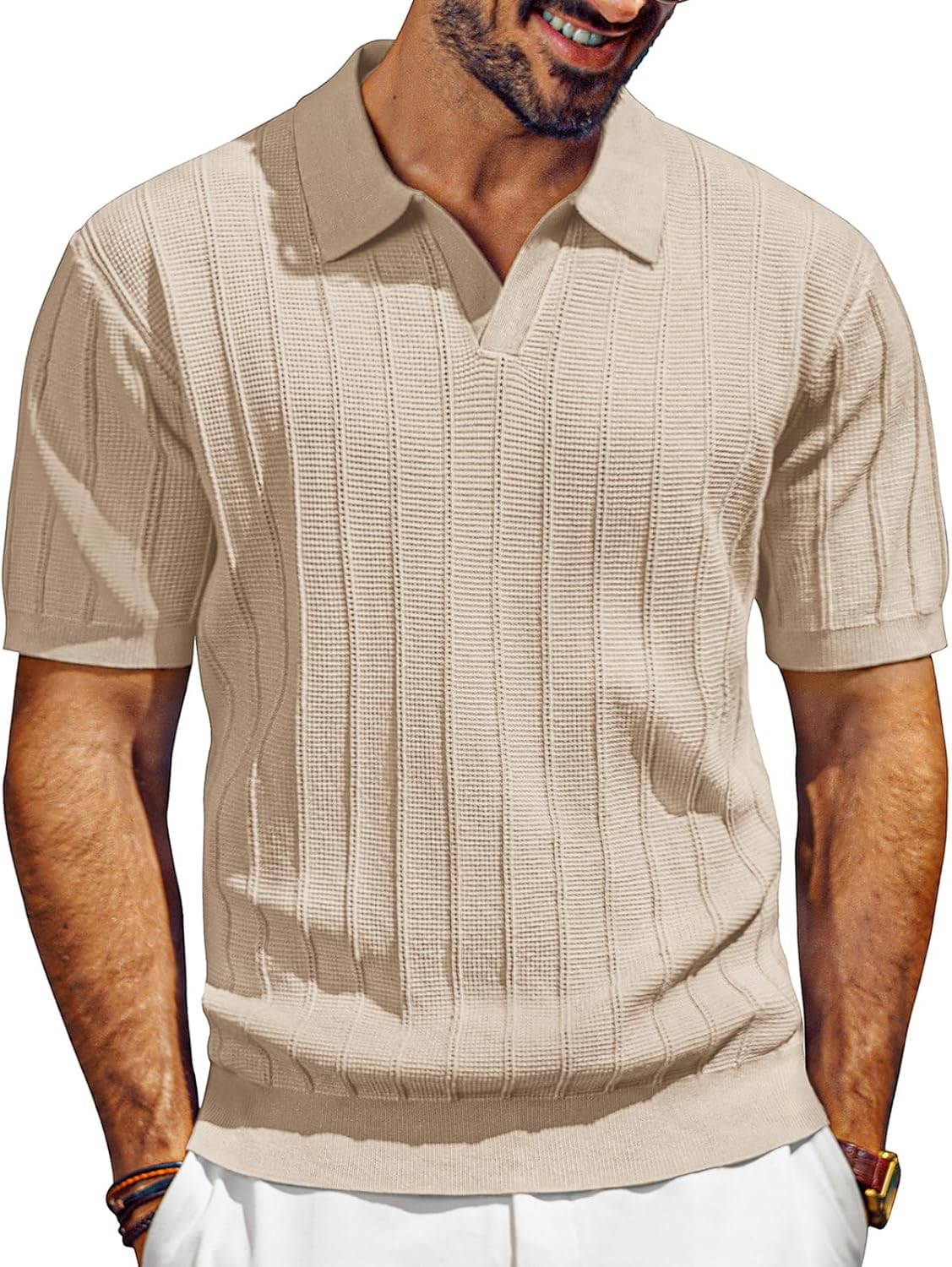 PJ Paul Jones Men's V-Neck Knit Polo Shirt - Textured Summer Style in Various Colors
