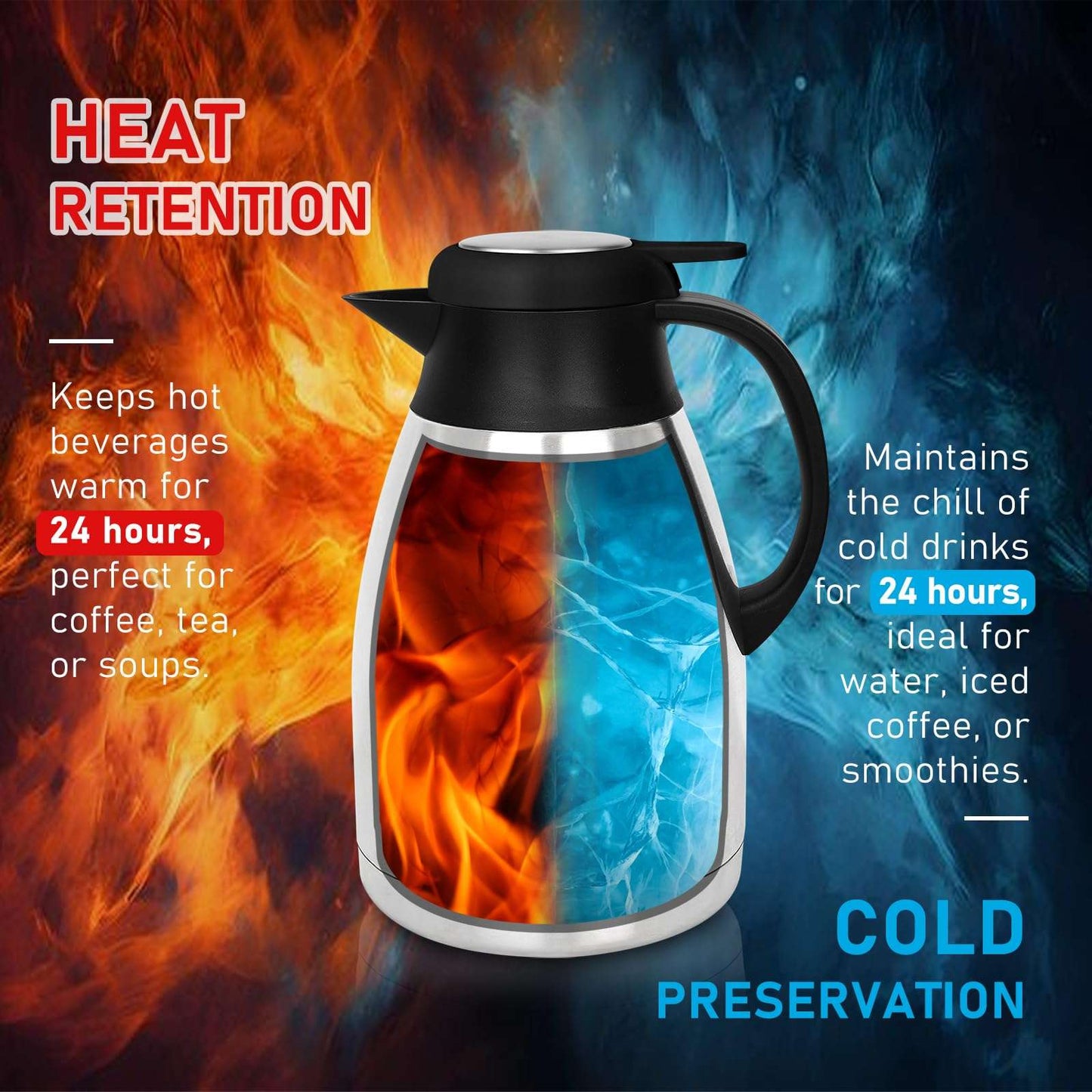 Thermal Coffee Carafe, 2L/68 Oz Stainless Steel Vacuum Insulated Thermoses, Double-Wall Design, 24-Hour Hot & Cold, Leak-Proof, Portable for Travel,Camping,Office