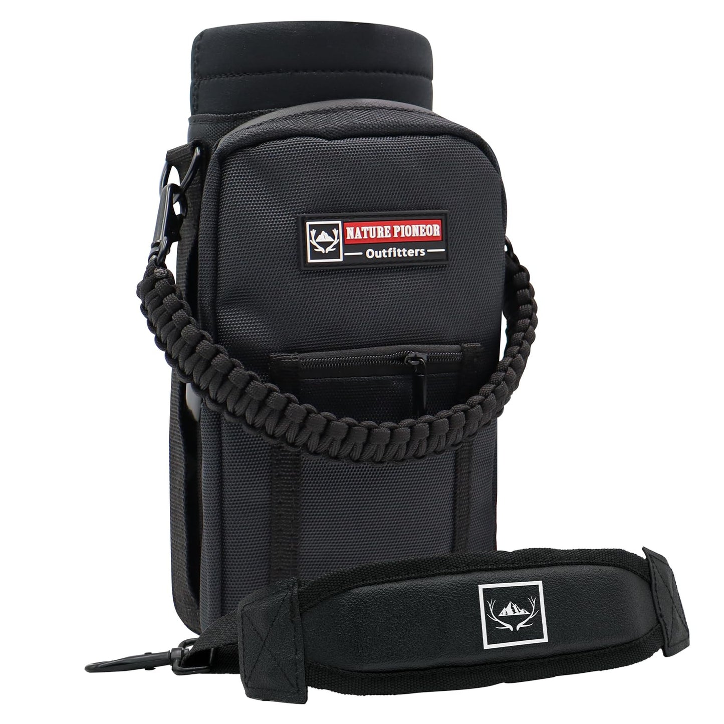 NATURE PIONEOR Water Bottle Holder with Adjustable Strap - 25/32/40oz Insulated Water Bottle Carrier Sling Sleeve with Paracord Handle & 2 Storage Pockets, Hiking, Camping, Gym