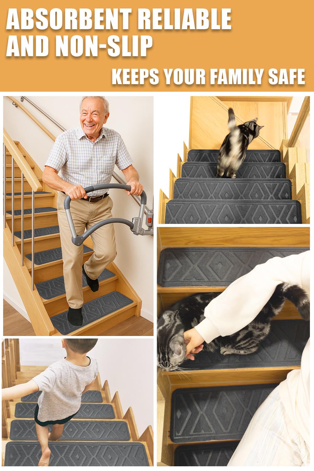 5 PCS 8”x30” Stair Treads Non-Slip for Wooden Steps, Peel and Stick Stair Carpet Indoor, Washable Step Treads with Reusable Adhesive 5PCS (Grey)