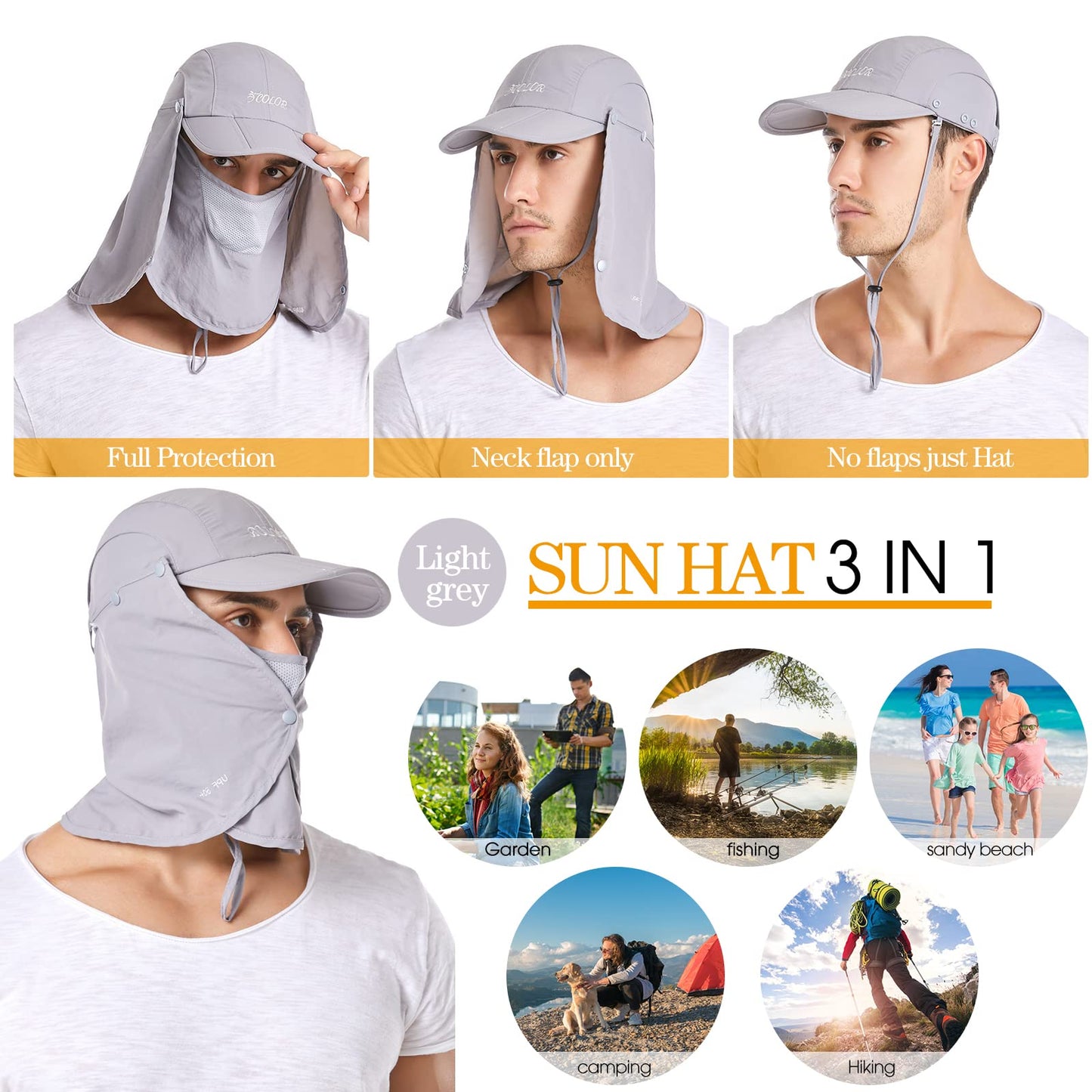 icolor Sun Hats for Men Women with Neck Flap,Foldable Sun Cap Fishing Sun Hats,Summer UPF50+ Sun Protection Ponytail Hats LightGray