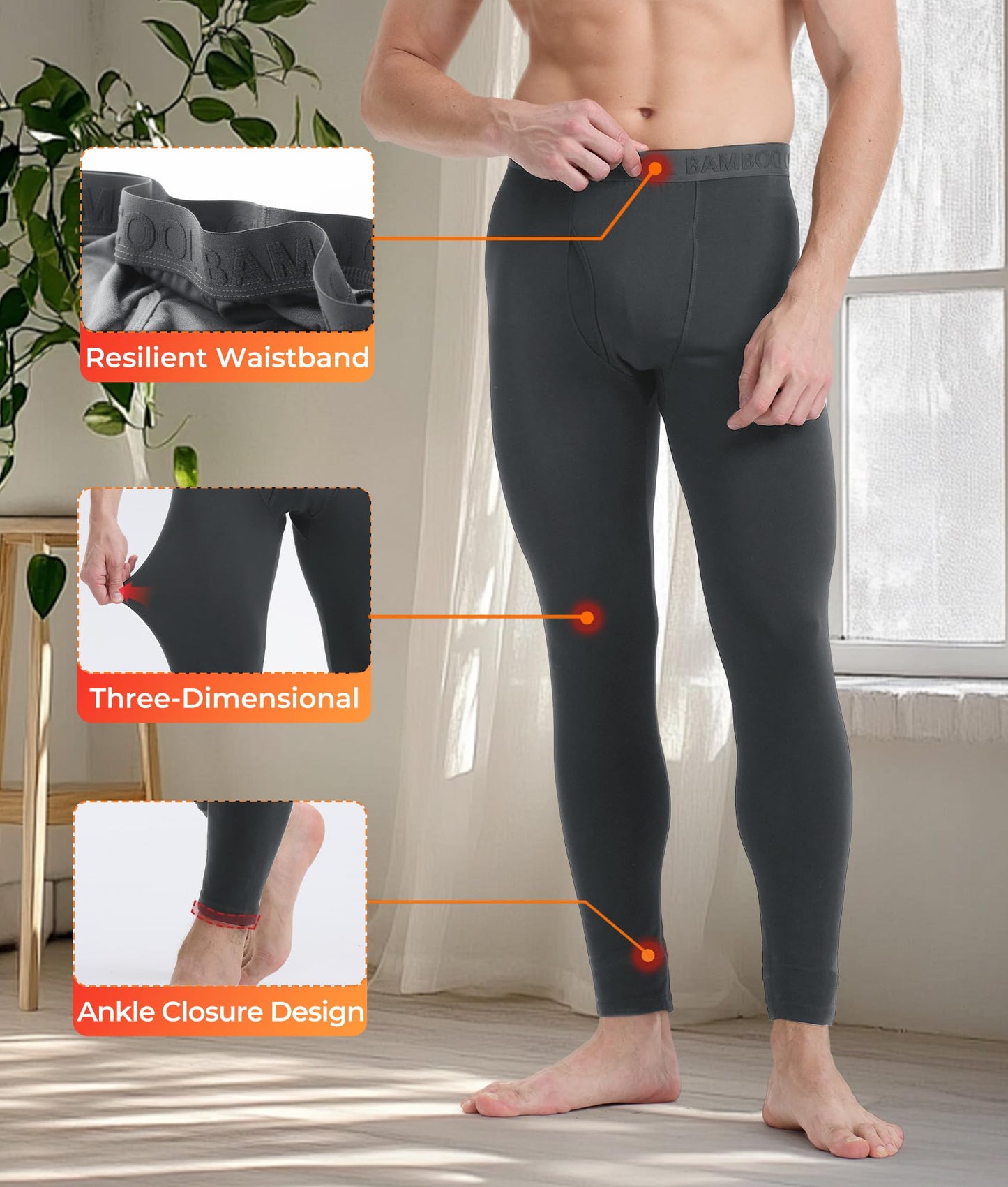 BAMBOO COOL Men's Lightweight Thermal Underwear Bottoms Fleece Lined Long Johns for Men Base Layer Pants for Cold Weather