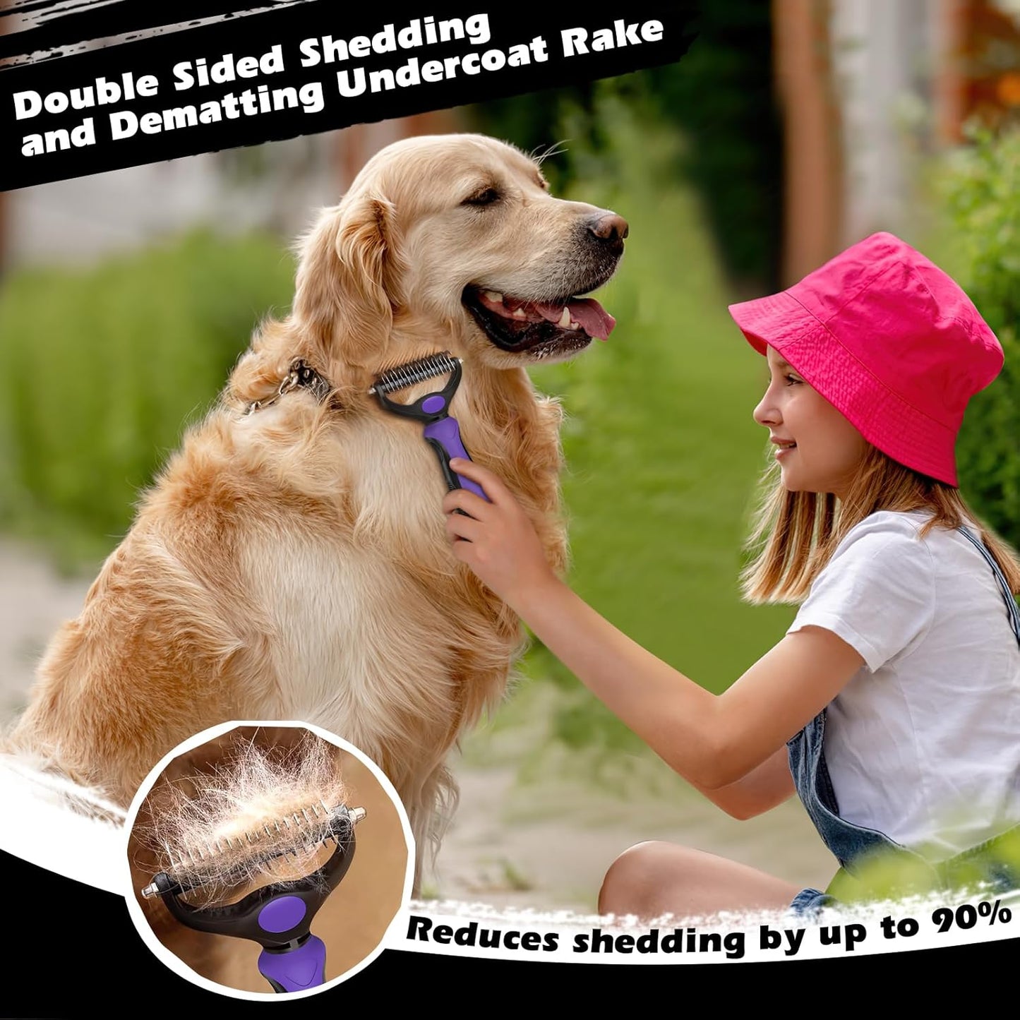 Skiennix Self-Cleaning Slicker Brush Set - Double-Sided Grooming Rake & Flea Comb for Dogs, Cats, Horses | Skin-Friendly Deshedding Tool (Purple)