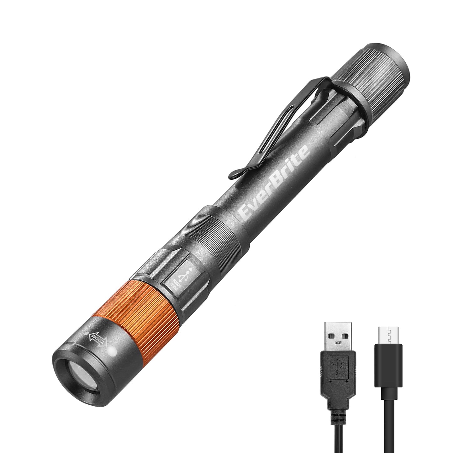 EverBrite Rechargeable Pen Light, 300 Lumens EDC Flashlight, Zoomable LED Pocket Flashlight with Clip, Memory Function and USB C Cable Included, for Camping, Emergency, Gray