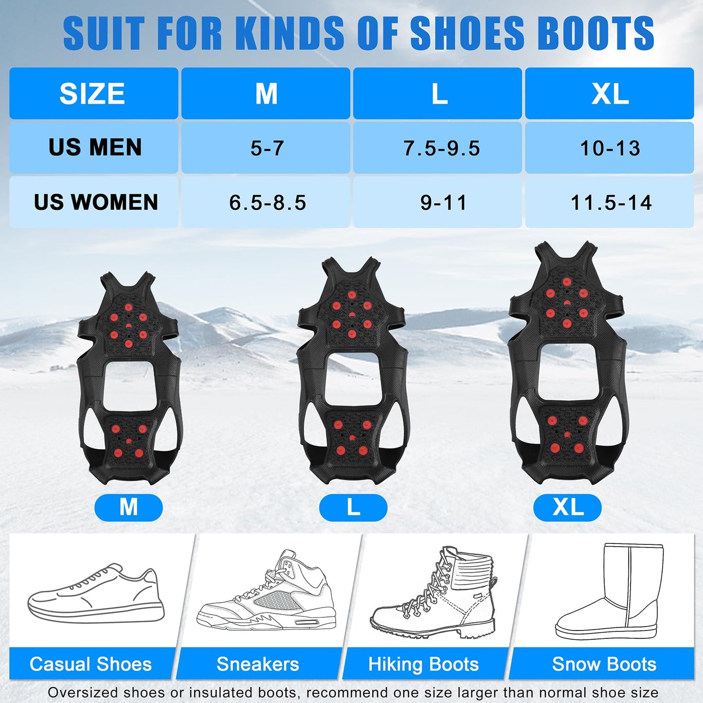 Ice Cleats Tungsten Crampons, Anti Slip Shoes Grippers with Reflective Heel, Ice Snow Cleats for Shoes and Boots Men Women Slip-on Overshoes Stretch Footwear, Size M