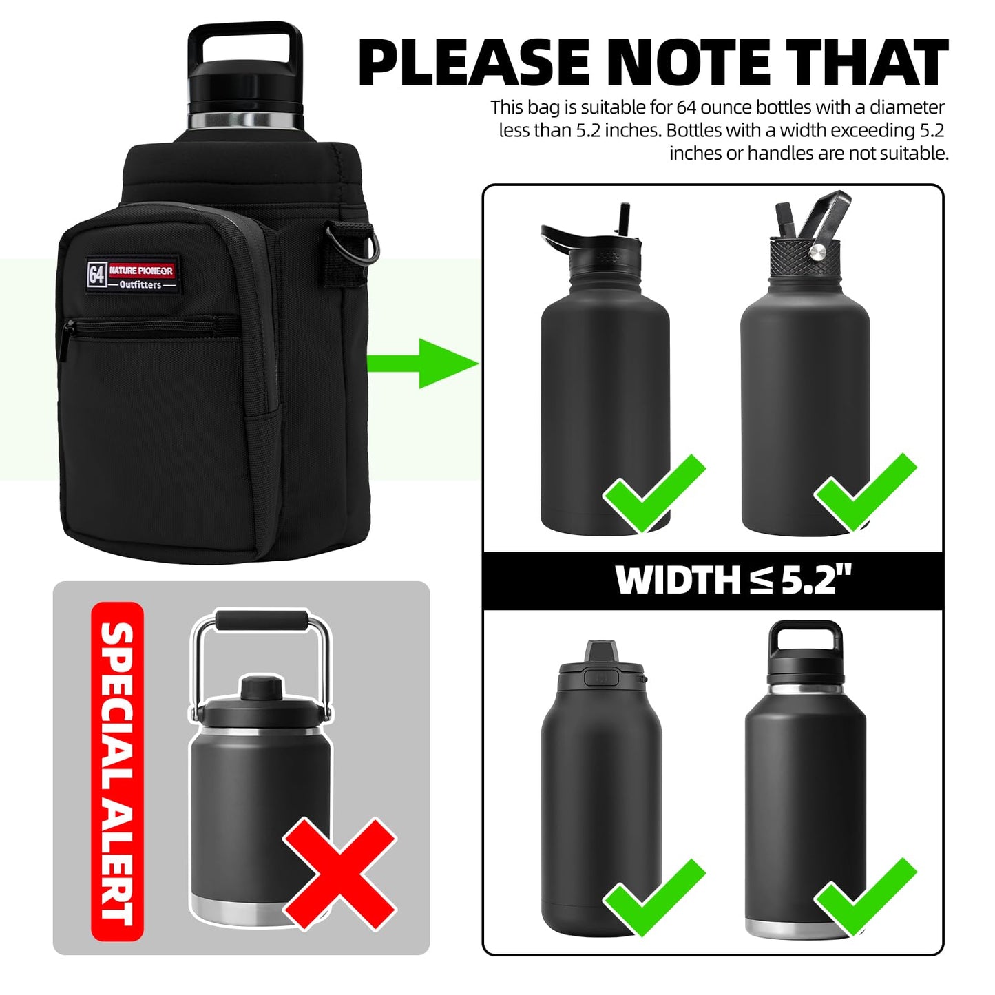 NATURE PIONEOR Water Bottle Holder with Adjustable Strap - Half/One Gallon (64/128oz) Insulated Water Bottle Sling Carrier with Phone Pocket & Paracord Handle, Outdoor Camping, Hiking, Gym