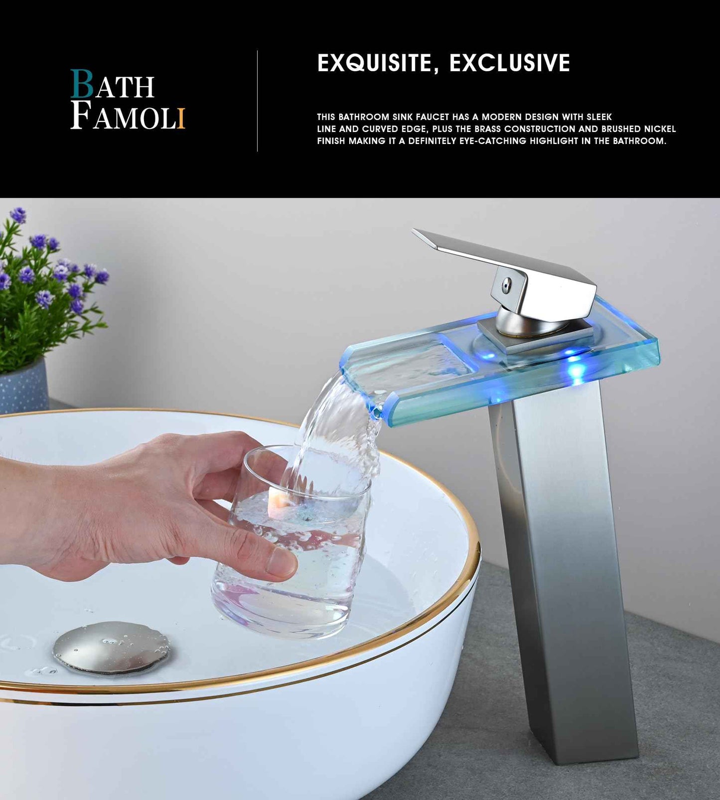 BATH FAMOLI LED Bathroom Sink Faucet, Tall Vessel Sink Faucet, Waterfall Single Handle 1 Hole and 2 Water Supply Lines, Brass Faucet with Open Glass Spout (Tall, Brushed Nickel)