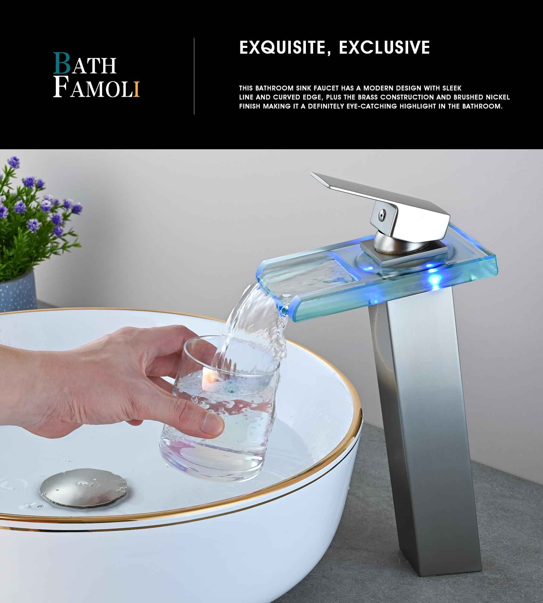BATH FAMOLI LED Bathroom Sink Faucet, Tall Vessel Sink Faucet, Waterfall Single Handle 1 Hole and 2 Water Supply Lines, Brass Faucet with Open Glass Spout (Tall, Brushed Nickel)