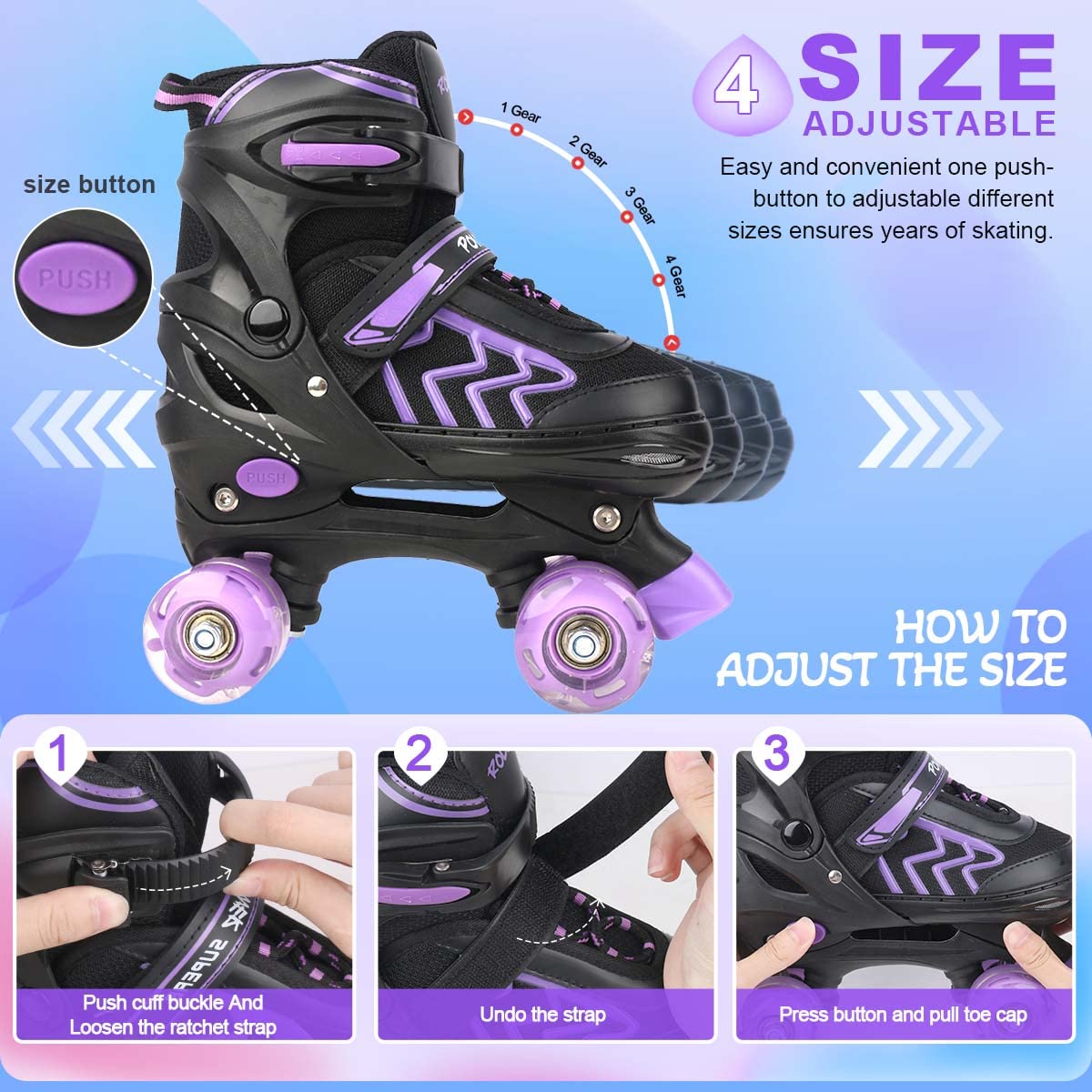 Kids Roller Skates for Girls Ages 6-12, Black&Purple 4 Sizes Adjustable Boys Roller Skates with Light up Wheels Size M