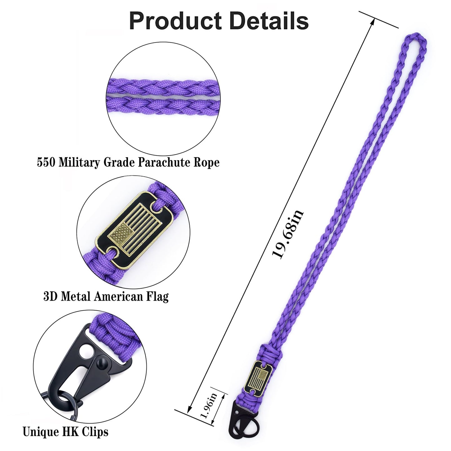 Tragdro 2 Pcs Heavy Duty Braided Paracord Lanyard Keychain with USA Flag, Parachute Rope Necklace Keychains, Braided Strong Lanyard for Outdoor Activities, Camera, Keys, Whistle, Traveling
