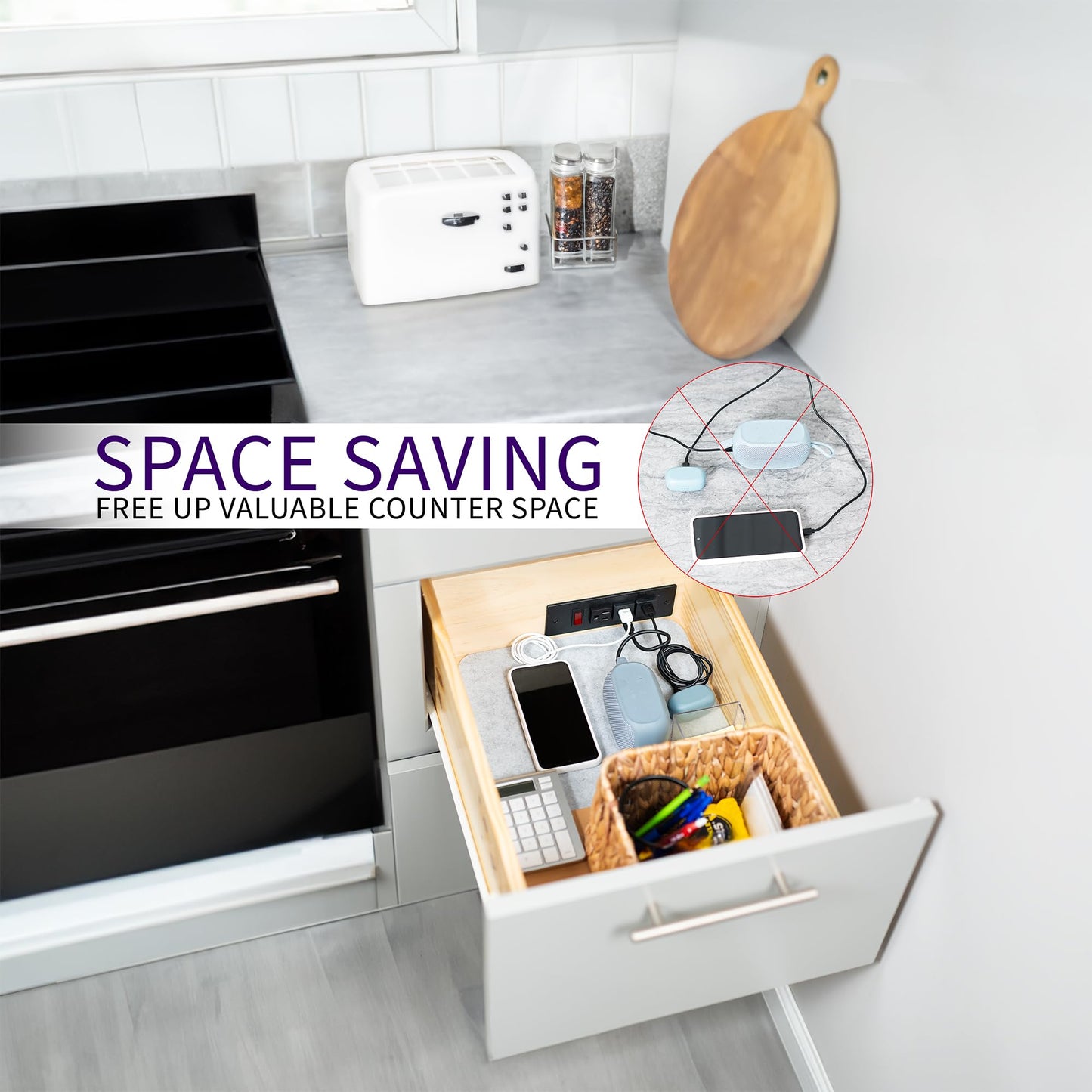 Life Finds Compact in-Drawer Charging Station Power Strip with 2 USB-A, 2 USB-C, AC Outlet, Black, LF-DOC1