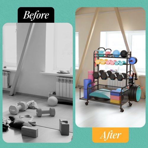 Yes4All Dumbbell Rack, Weight Rack for Home Gym, Sports Equipment Organizer for Dumbbells Kettlebells Yoga Mat Foam Roller and Balls, All in One Gym Workout Storage with Basket, Wheels and Hooks