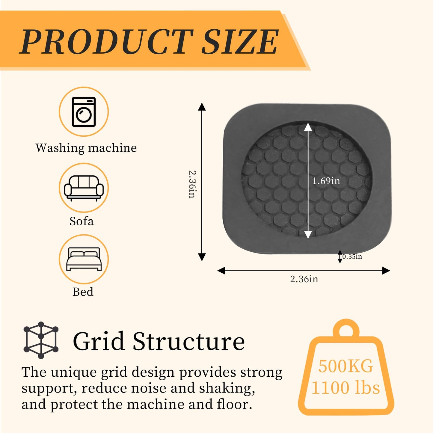 4 Pack Anti Vibration Pad for Washing Machine, Washer and Dryer Pedestals for Shock and Noise Cancelling Support 1000 lbs, Natural Rubber Dryer Foot Pads Protects Laundry Room Floor