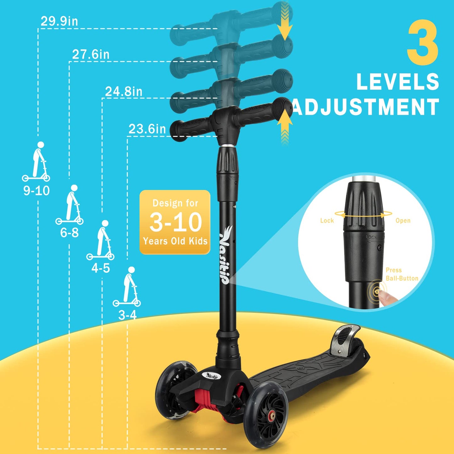 Scooters for Kids Age 3-5, Kick Scooter for Boys Girls Toddlers, 4 Adjustable Height, AEBC-9 Bearing, 3 Light Up Wheels, Lean to Steer, Outdoor Activities for Children from 3 to 12 Years Old, Black