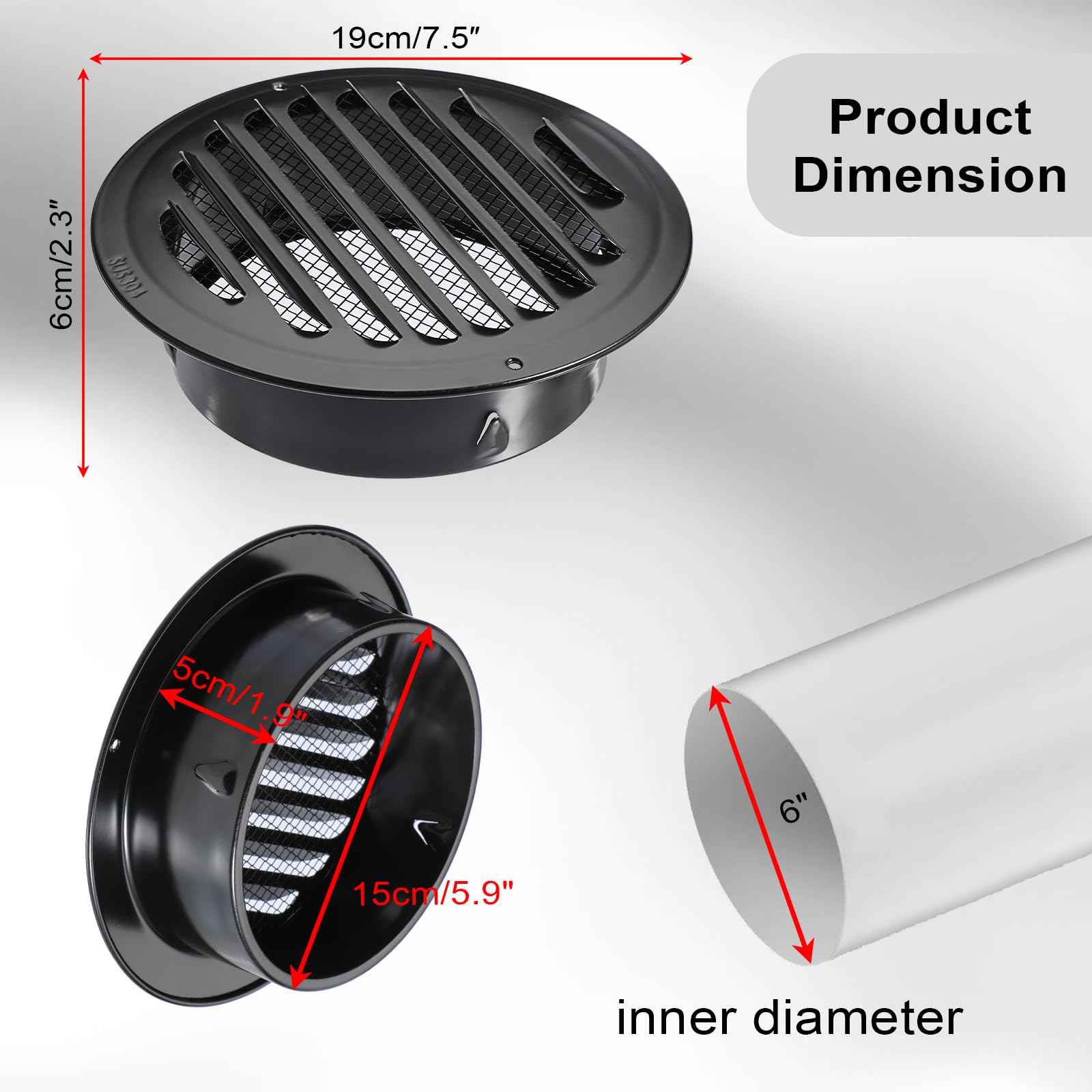 OGANAZI 2PCS 6 Inch Stainless Steel Air Vents Round Black Soffit Vent Cover Air Vent Flat Ducting Air Outlet with Built-in Fine Mesh for Kitchen, Bathroom, Garage, Office and Warehouse Ventilation