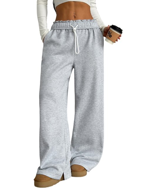 ZAFUL Women's Fleece Lined Sweatpants Foldover Waistband Drawstring Wide Leg Sweat Pants Warm Lounge Pants with Pockets Grey S
