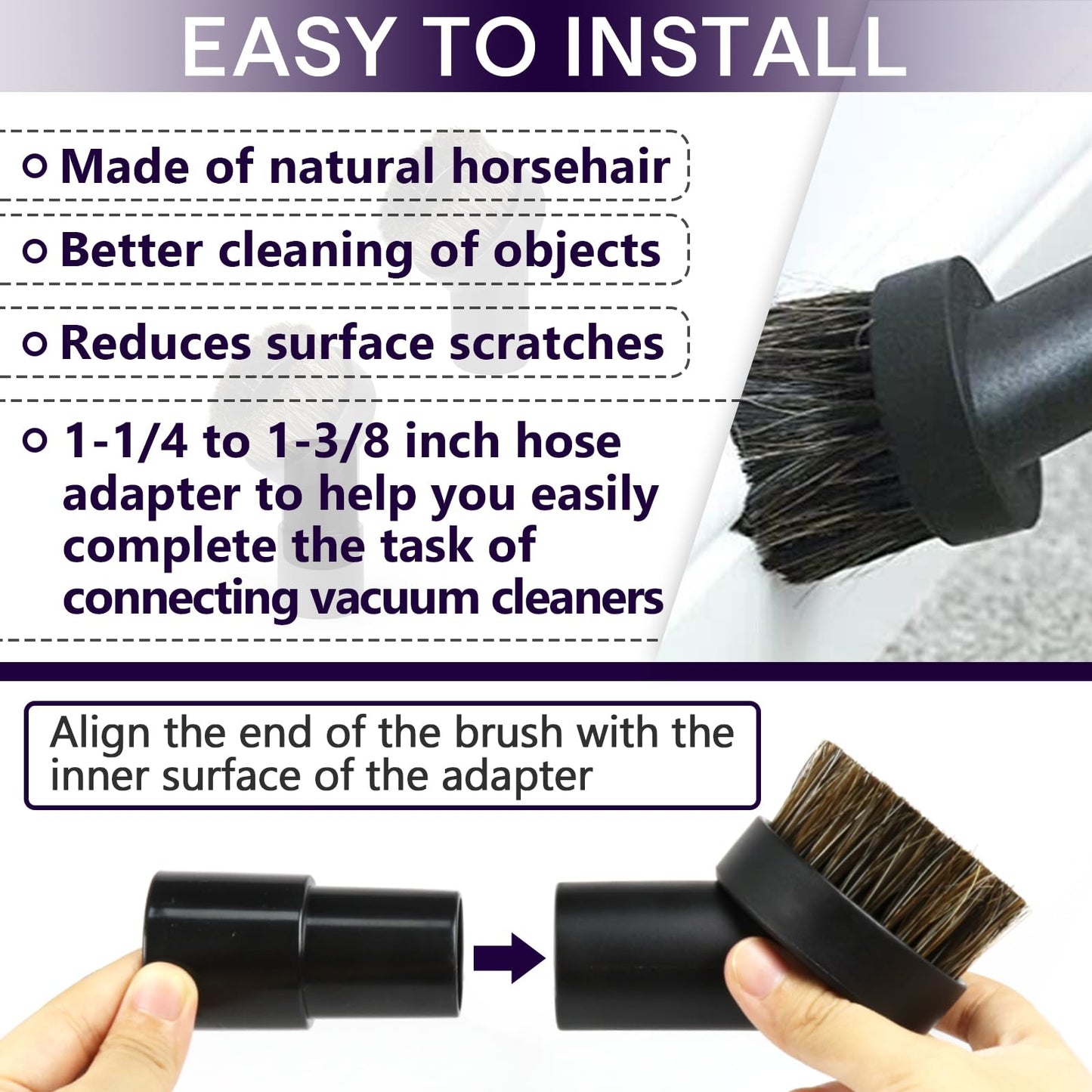 3PCS Horse Hair Brush Vacuum Attachment Set - Black Round Horse Hair Vacuum Attachments & Brushes - Shop Vac Brush Attachment for Most Vacuum Cleaners Accessories - 1 1/4" Vacuum Attachments Included