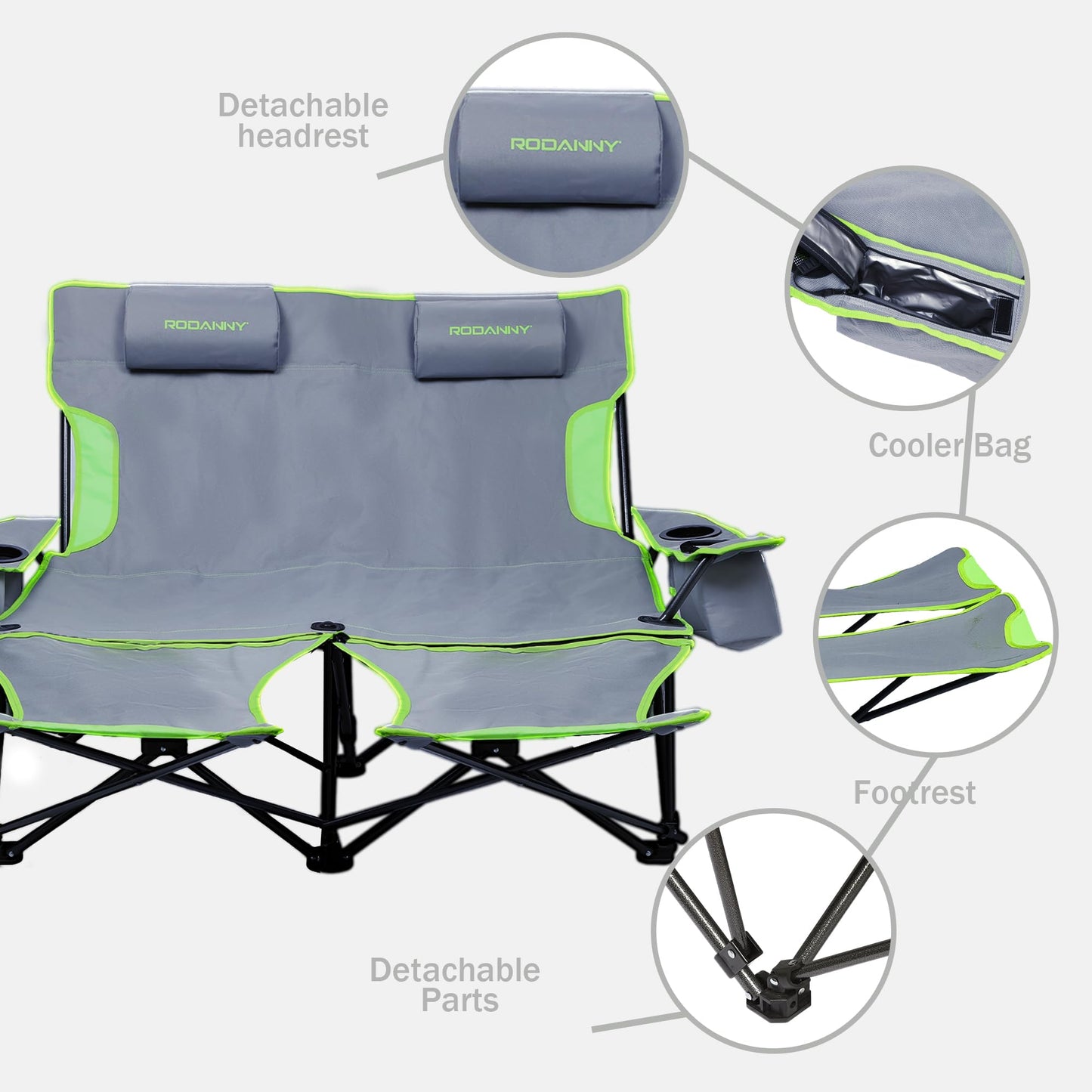 Double Camping Chair,Adjustable Two Person Adjustable Backrest Reclining chairs with Foot Rest,Oversized Folding Camping Loveseat,Office,Beach,Lawn,Headrests,Cooler Bag,Cup Holder,Support 600lbs