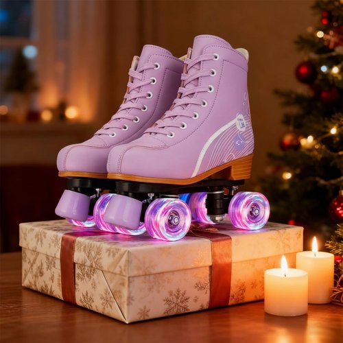 Gets Roller Skates for Girls and Women, PU Leather Light Up Outdoor Kids Roller Skates, Cute Four-Wheel Beginner Roller Derby Skates Girls Ages 8-12(Purple,36)