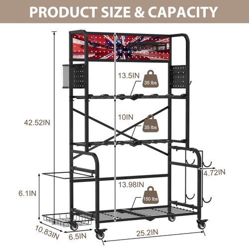 YiiMeeCoo Home Gym Storage System with Wheels, Vertical Dumbbell Rack and Workout Equipment Organizer, All-in-One Fitness Storage for Dumbbells, Kettlebells, Yoga Mats, Balls and Accessories, Steel