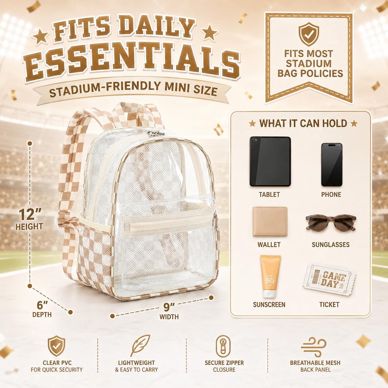 BTOOP Mini Clear Backpack for Stadium Events, 12 x 9 x 5 Inch Transparent PVC Bookbag, Fits Within Common 12x12x6 Stadium Bag Limits, for Concerts, Festivals, Women and Teens