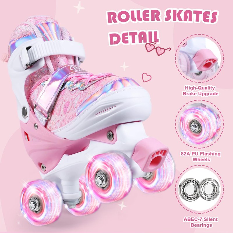 Huanovix Kids Roller Skates, 4-Size Adjustable RollerSkates with Light Up Wheels, Indoor Outdoor Illuminated Skates for Girls Boys Toddlers Youth Adult (Pink, M(US 13C-3/7.5-8.5 in))