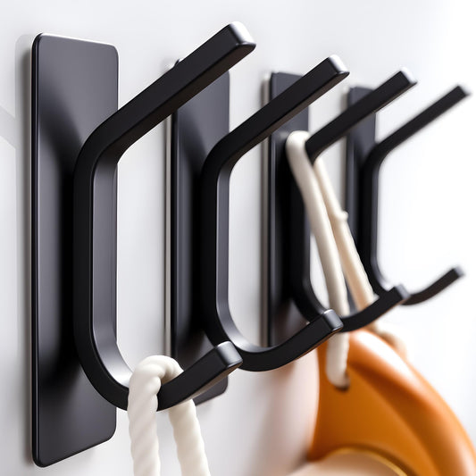 Taozun 4-Pack Black Stainless Steel Adhesive Hooks - Upgraded Strong Self-Adhesive Towel Hangers for Bathroom, Kitchen, and Bedroom