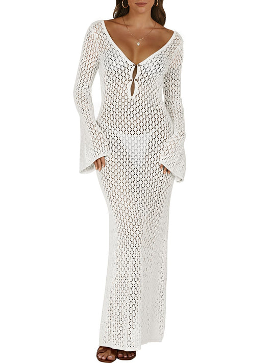 ANRABESS Women Swimsuit Swim Crochet Cover Up Knit Bathing Suit Swimwear 2026 Summer Bodycon Beach Dress Vacation Clothes White Small