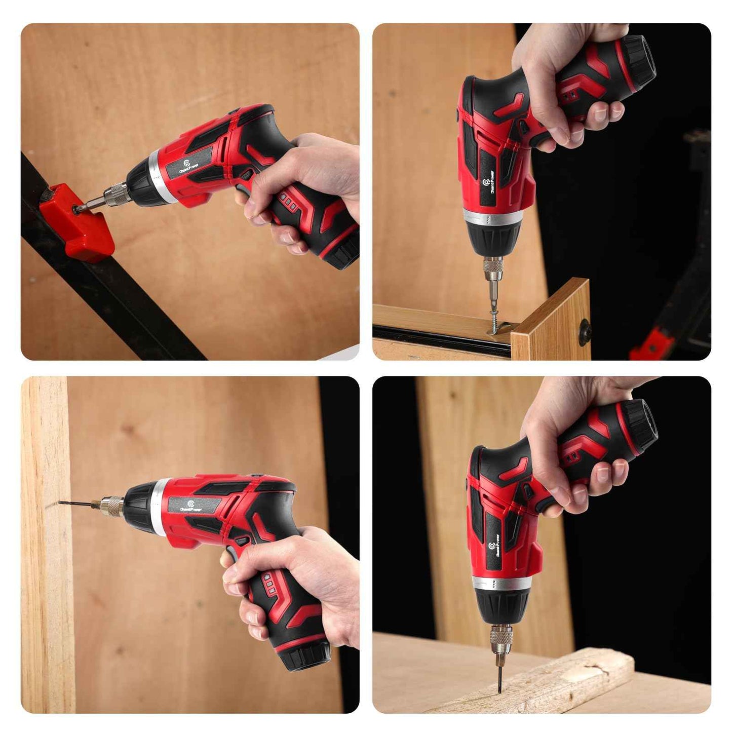 C P CHANTPOWER Cordless Electric Screwdriver Set，6+1 Torque Gears,1/4'' Hex Self-Lock Chuck, 4V Rechargeable lightweight Screwdriver with 11 pcs Accessories, Flashlight, Charger Red