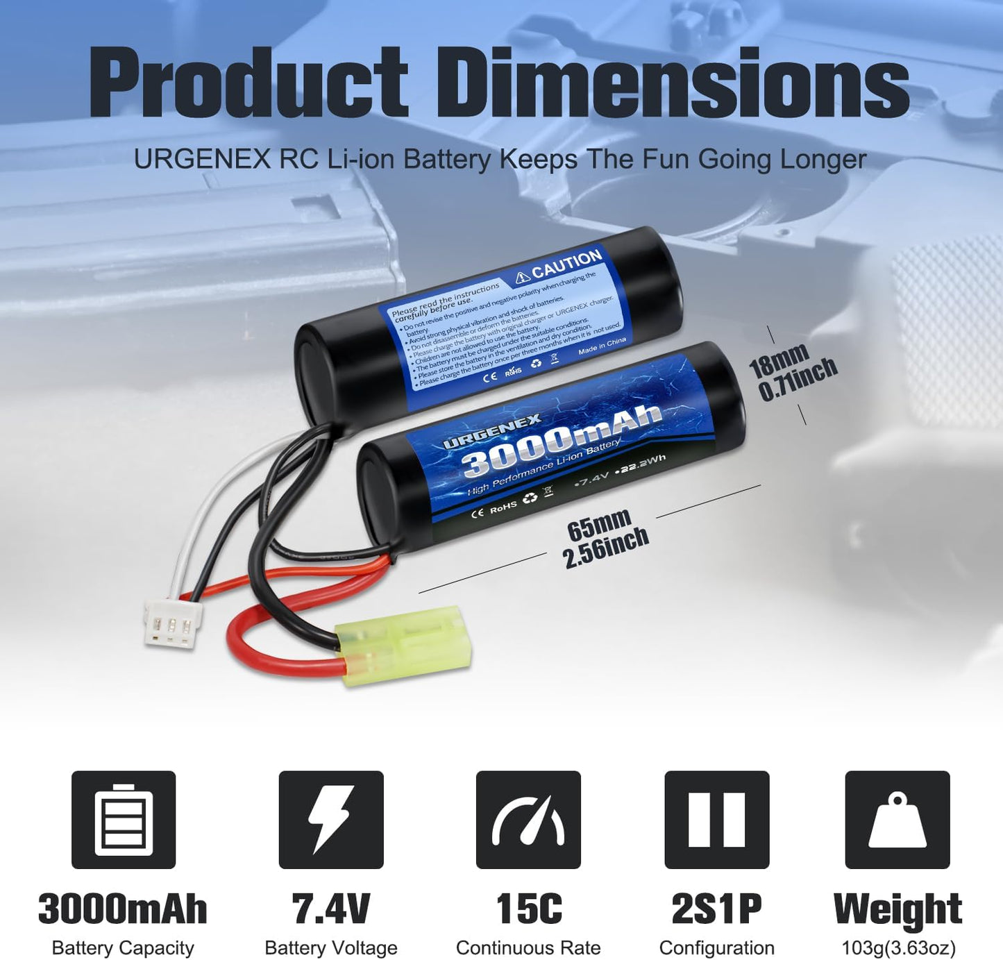 URGENEX 3000mAh Airsoft Battery - 7.4V Nunchuck Rechargeable with Mini Tamiya Plug | Fits Most Airsoft Guns
