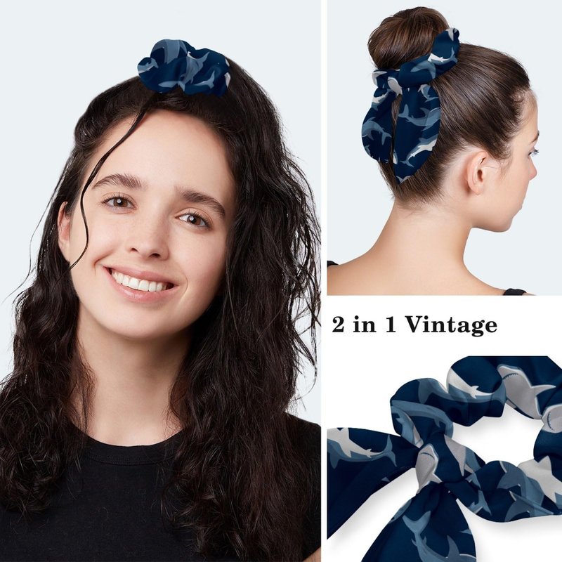 Medical Caps for Women with Bow Scrunchies,Long Hair Working Cap Adjustable Tie Back Hat, Blue Sharks Pattern Bouffant Scrub Hats