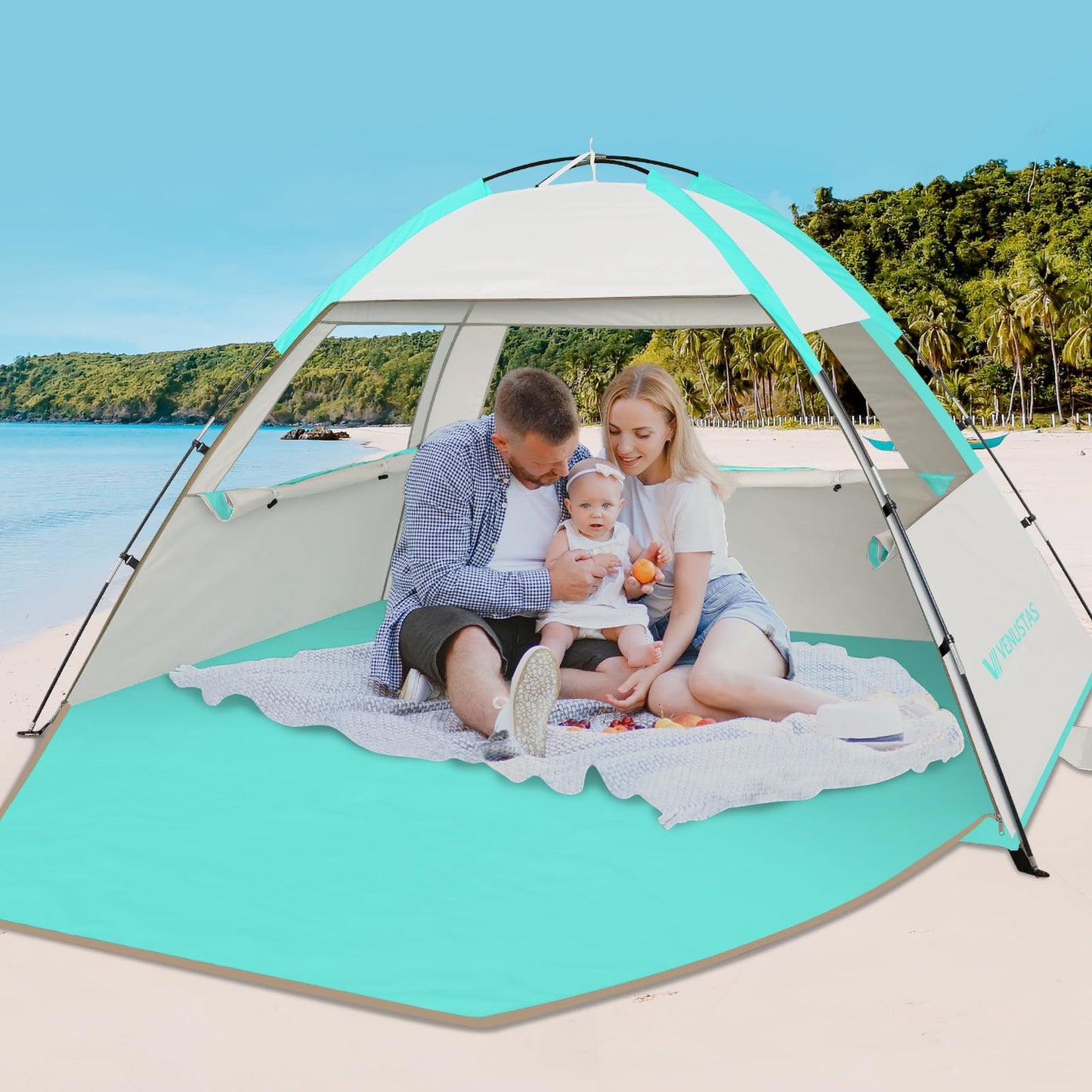 Venustas Beach Tent Sun Shelter for 3/4-5/6-7/8-10 Person, UPF 50+ UV Protection Beach Canopy, Lightweight and Easy Setup Cabana, Portable Beach Shade Tent