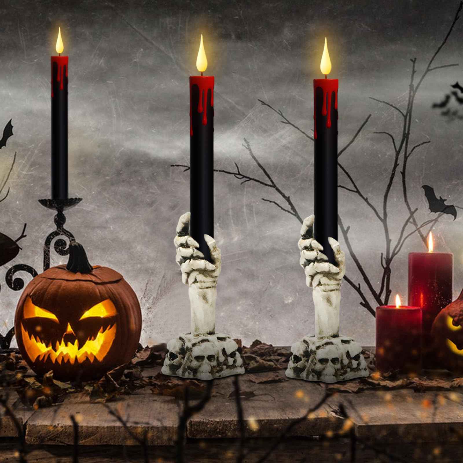 GenSwin Halloween Black Taper Flameless Candles with Ghost Hand Candlesticks and Remote Timer, 2 Pcs Battery Operated Taper Candles with Holder and 3D Flame for Halloween Decor
