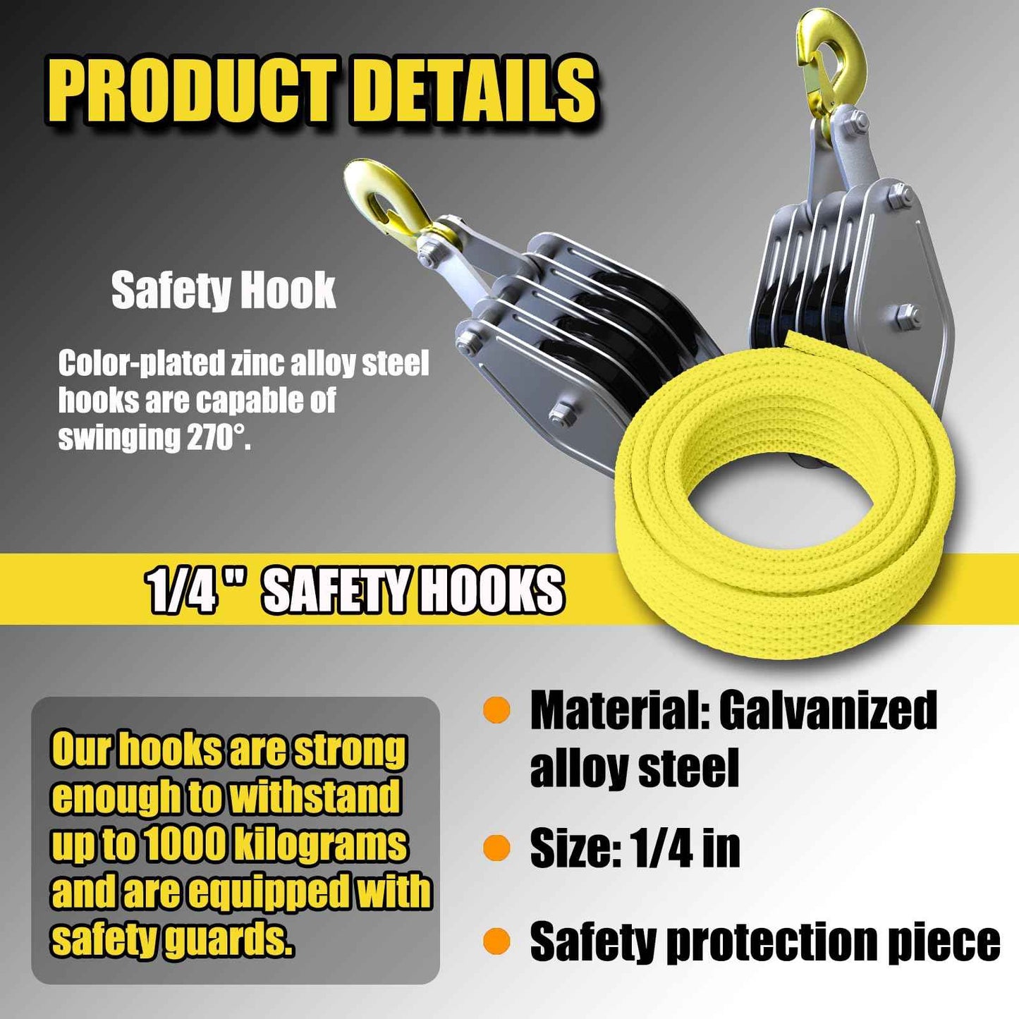 Block and Tackle 4400 LB Breaking Strength Heavy Duty Pulley, 65 Ft Rope Pulley, Upgraded Metal Bearing, 7:1 Lifting Power Pulley System, Pulley Hoist for Lifting Heavy Objects(Yellow)