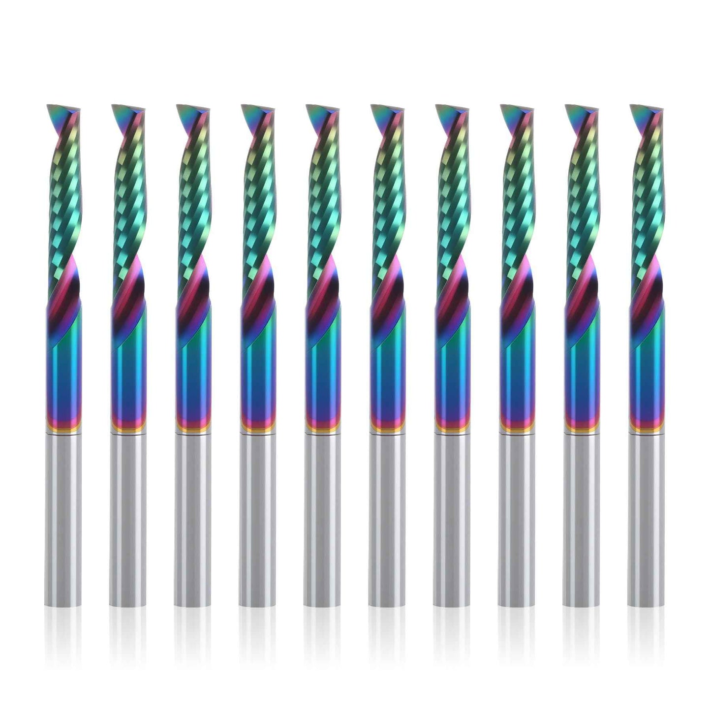 BFVV 10 pcs O Flute CNC Router Bit Set, 1/8-inch Shank Single Flute End Mill, Spiral Up-Cut Solid Carbide Milling Cutters with DLC Coating, Ideal for Aluminum, Plastic, Acrylic, Wood, MDF and PVC