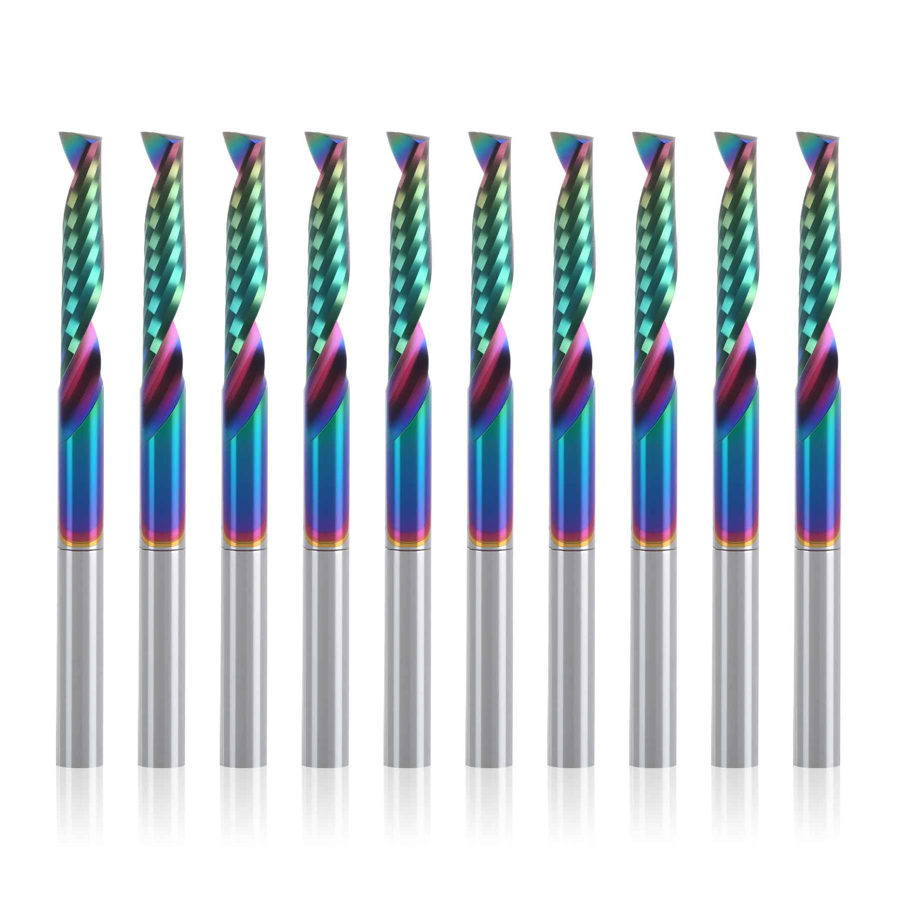 BFVV 10 pcs O Flute CNC Router Bit Set, 1/8-inch Shank Single Flute End Mill, Spiral Up-Cut Solid Carbide Milling Cutters with DLC Coating, Ideal for Aluminum, Plastic, Acrylic, Wood, MDF and PVC