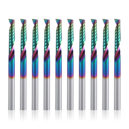 BFVV 10 pcs O Flute CNC Router Bit Set, 1/8-inch Shank Single Flute End Mill, Spiral Up-Cut Solid Carbide Milling Cutters with DLC Coating, Ideal for Aluminum, Plastic, Acrylic, Wood, MDF and PVC