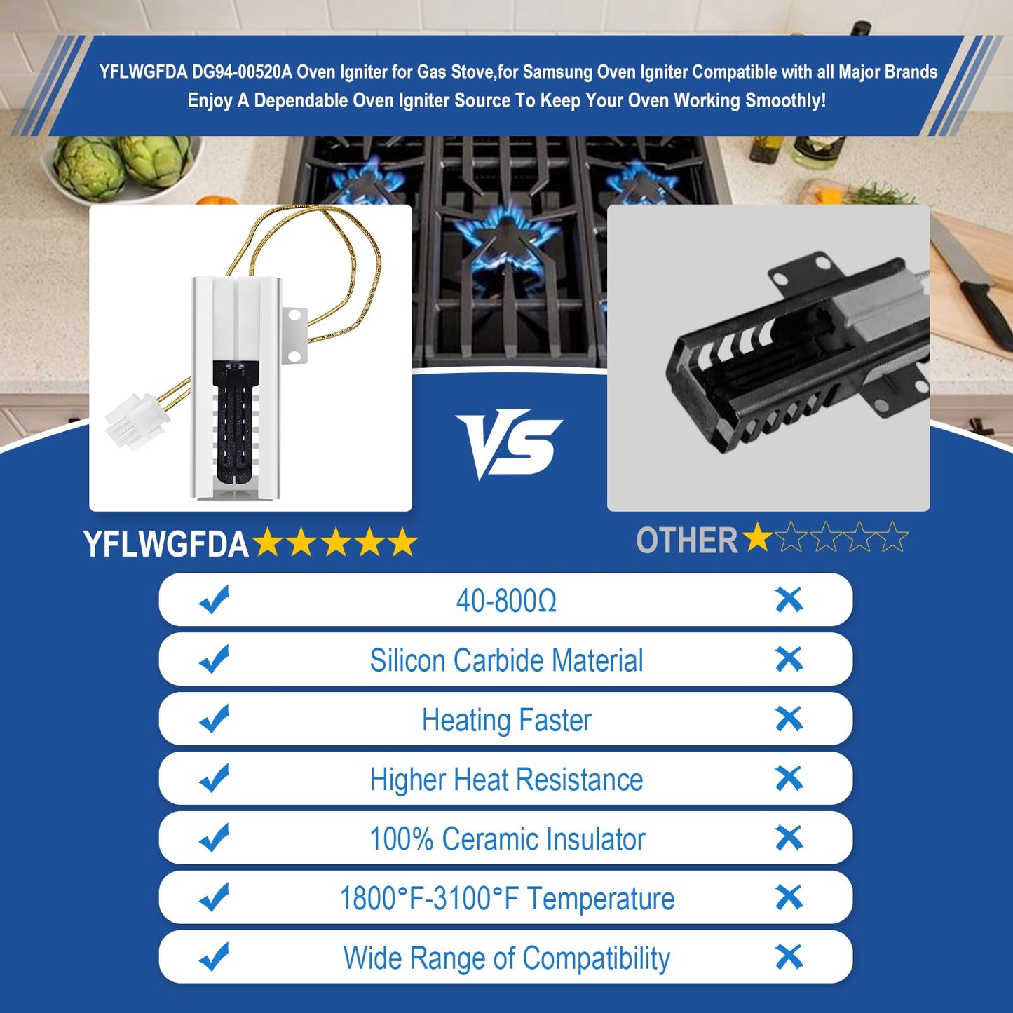 DG94-00520A Oven Igniter for Gas Stove,Oven Igniter for Sam-sung NX58H5600SS Nx58h9500WS,for G-E Whirl-pool Hot-point Sam-sung Gas Oven Igniter,Replace 2692271 AP5577941 WB13K21 Norton 501a W10918546.