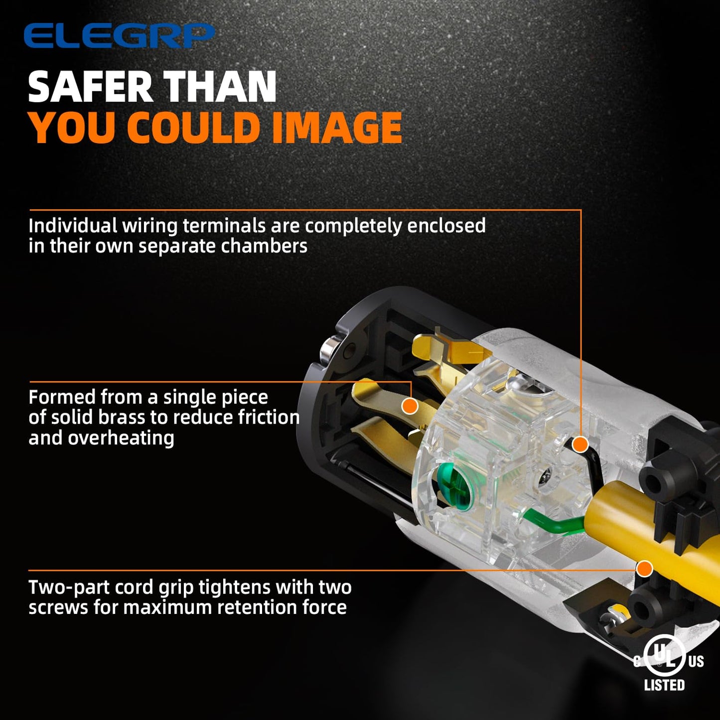 ELEGRP Lighted Straight Blade Connectors, 15 Amp 125 Volt NEMA 5-15R 2 Pole 3 Wire Grounding Electrical Plug Replacement Cord Outlet, Commercial Grade, Black, 1 Pack