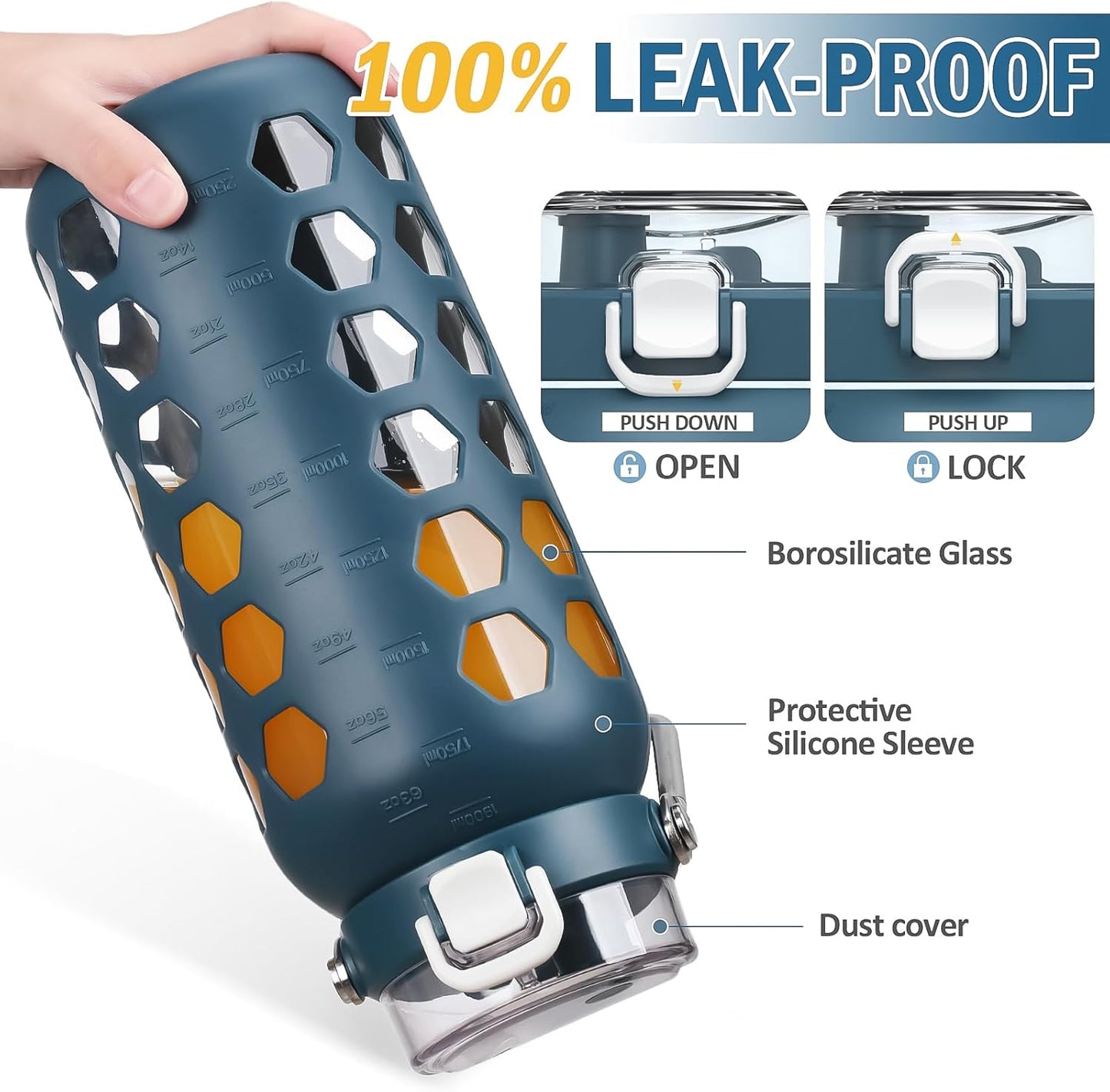 MUKOKO 64oz Glass Water Bottle - Half Gallon with Straw, Time Marker & Silicone Sleeve | Blue