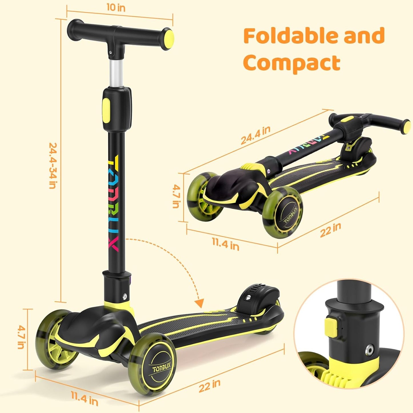 TONBUX Kids Scooter - Light-Up 3-Wheel Kick Scooter for Ages 3-12 | Adjustable Height & Anti-Slip Deck
