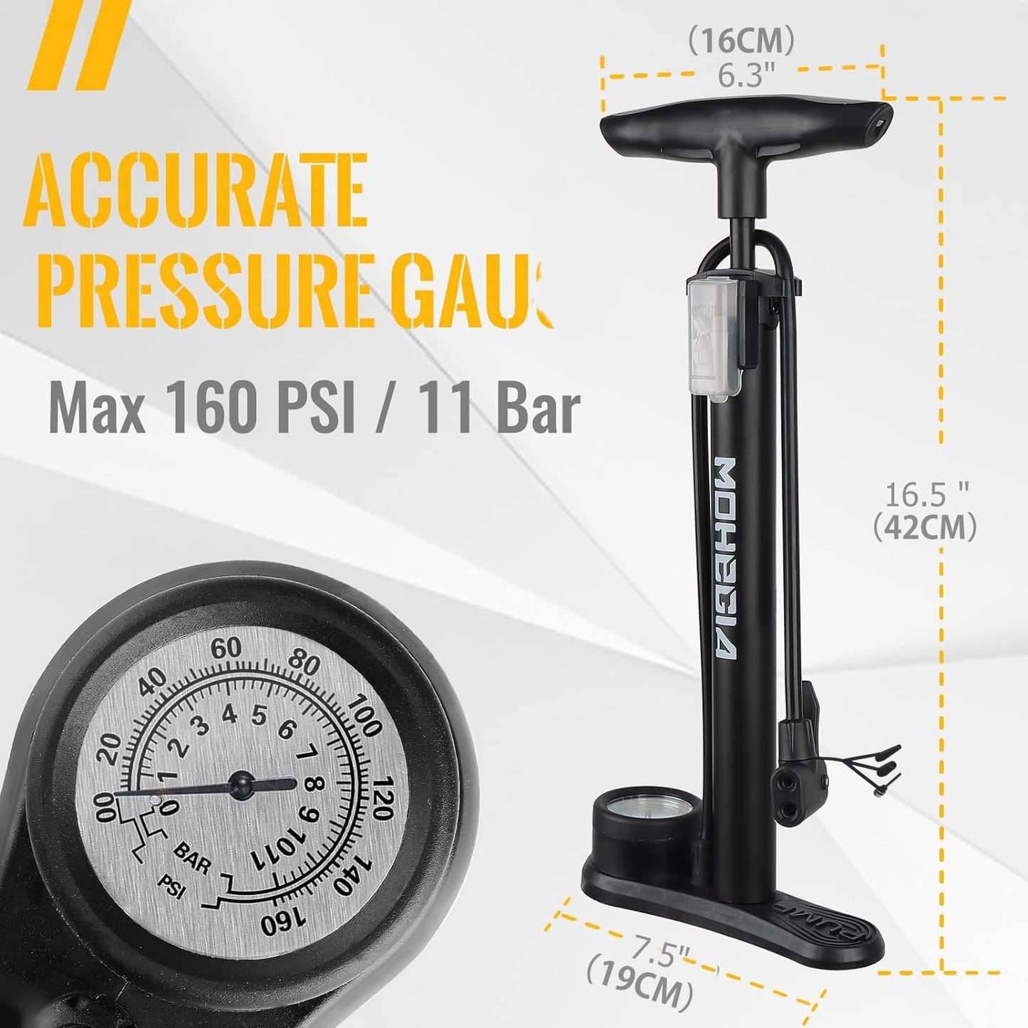 MOHEGIA Bike Floor Pump - High Pressure 160 PSI Air Pump with Gauge | Fits Schrader & Presta Valves