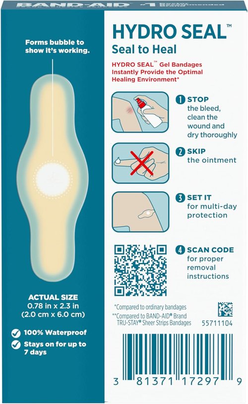 BAND-AID Hydro Seal Waterproof Bandages - Hydrocolloid Gel Patches for Faster Healing | 10 Count