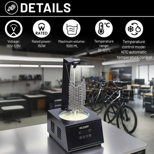 Hilizart Bicycle Chain Wax Melting System with 1500ML Bike Chain Wax Melting Pot Auto Temperature Control and Integrated Cooling Rack 35-125℃ Automatic and Manual Modes 1 Year Service