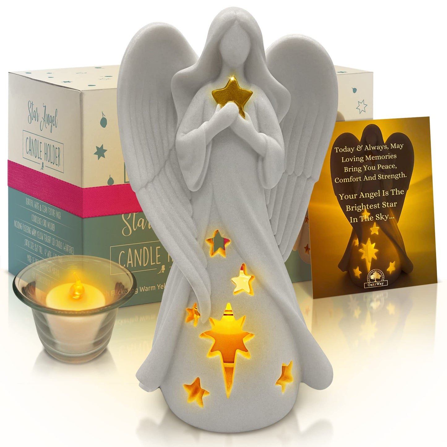 OakiWay Sympathy Gifts - Star Angel Tealight Candle Holder with Flickering LED Candle, Memorial Present for Loss of Loved One, Bereavement & Remembrance Home Decor