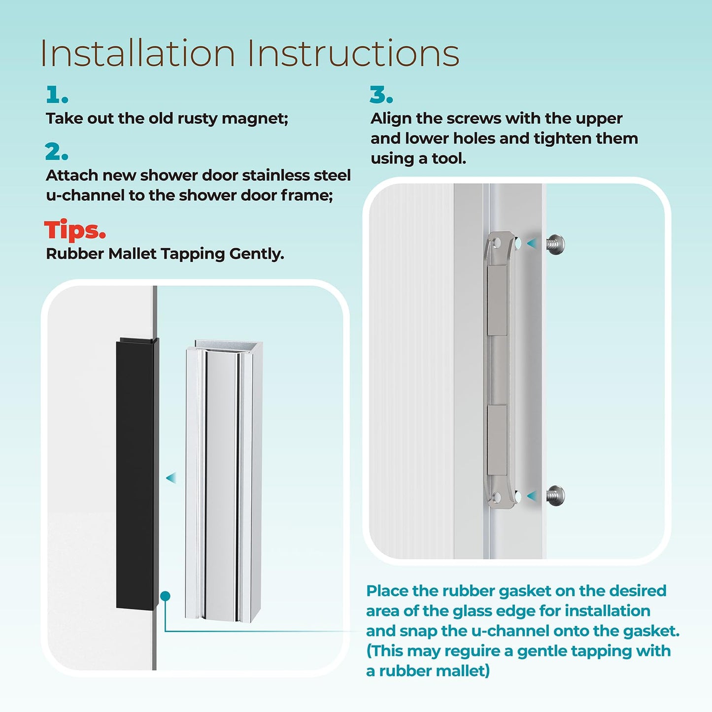 Shuisen 3" Shower Door Magnet, U-Channel Door Frame Magnet with Metal Strike for 1/8", 5/32", 3/16" and 1/4" Thick Swing Glass Shower Doors, Shower Strike Jamb, Shower Door Replacement Parts